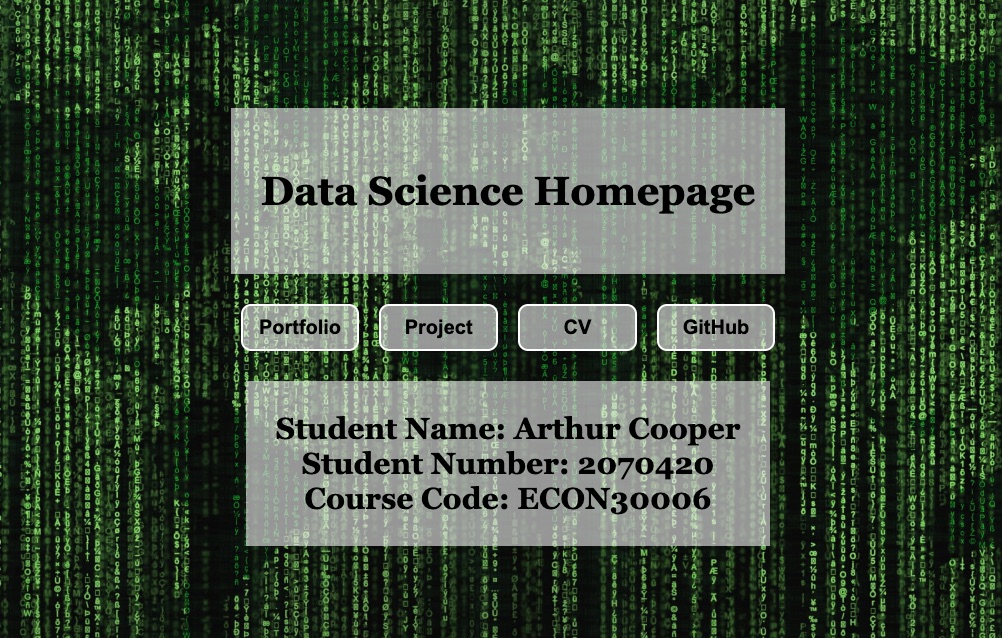 Data Science Homepage title card over a background of falling green code.